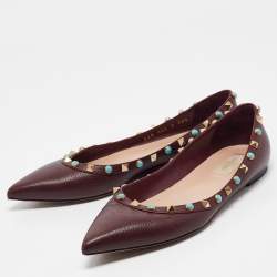 Pre Owned Valentino Burgundy Leather Rockstud Pointed Toe Ballet Flats Size 39.5