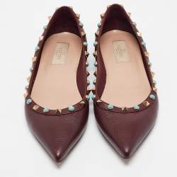 Pre Owned Valentino Burgundy Leather Rockstud Pointed Toe Ballet Flats Size 39.5