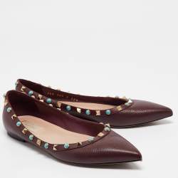Pre Owned Valentino Burgundy Leather Rockstud Pointed Toe Ballet Flats Size 39.5