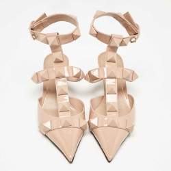 Pre Owned Valentino Pink Patent Leather Roman Stud Ankle Strap Pumps Size 38
