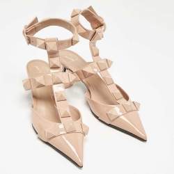 Pre Owned Valentino Pink Patent Leather Roman Stud Ankle Strap Pumps Size 38