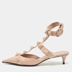 Pre Owned Valentino Pink Patent Leather Roman Stud Ankle Strap Pumps Size 38