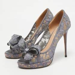 Pre Owned Valentino Grey Lace and Mesh Couture Peep Toe Pumps Size 41