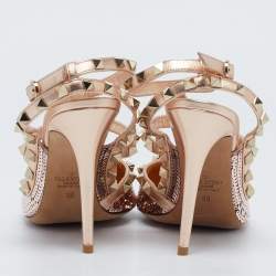 Valentino Rose Gold Sequins and Leather Rockstud Ankle Strap Pumps Size 39