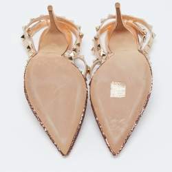 Valentino Rose Gold Sequins and Leather Rockstud Ankle Strap Pumps Size 39