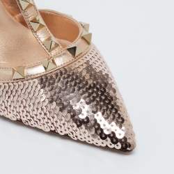 Valentino Rose Gold Sequins and Leather Rockstud Ankle Strap Pumps Size 39
