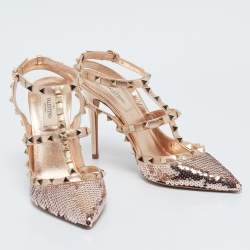 Valentino Rose Gold Sequins and Leather Rockstud Ankle Strap Pumps Size 39