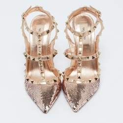 Valentino Rose Gold Sequins and Leather Rockstud Ankle Strap Pumps Size 39