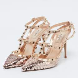Valentino Rose Gold Sequins and Leather Rockstud Ankle Strap Pumps Size 39