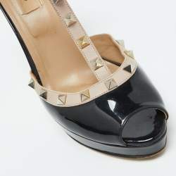 Valentino Black/Beige Patent Leather Rockstud Platform Peep Toe Pumps Size 39.5