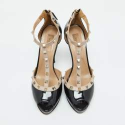 Valentino Black/Beige Patent Leather Rockstud Platform Peep Toe Pumps Size 39.5