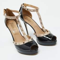 Valentino Black/Beige Patent Leather Rockstud Platform Peep Toe Pumps Size 39.5