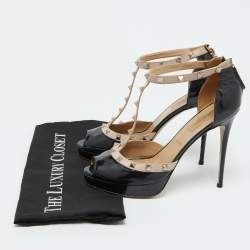 Valentino Black/Beige Patent Leather Rockstud Platform Peep Toe Pumps Size 39.5