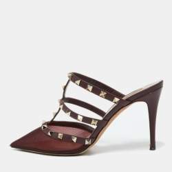 Valentino Burgundy Mesh and Leather Rockstud Pointed Toe Mules Size 39