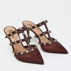 Valentino Burgundy Mesh and Leather Rockstud Pointed Toe Mules Size 39