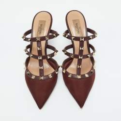 Valentino Burgundy Mesh and Leather Rockstud Pointed Toe Mules Size 39