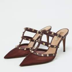 Valentino Burgundy Mesh and Leather Rockstud Pointed Toe Mules Size 39