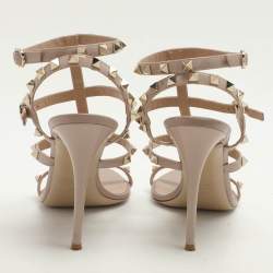 Pre Owned Valentino Beige Patent Leather Rockstud Ankle Strap Sandals Size 39.5