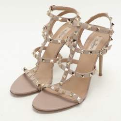 Pre Owned Valentino Beige Patent Leather Rockstud Ankle Strap Sandals Size 39.5