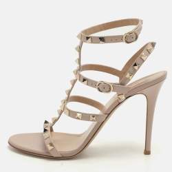 Pre Owned Valentino Beige Patent Leather Rockstud Ankle Strap Sandals Size 39.5