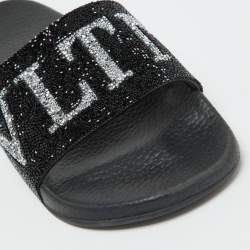 Valentino Black Leather VLTN Crystal Embellished Flat Slides Size 39