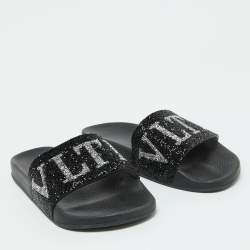 Valentino Black Leather VLTN Crystal Embellished Flat Slides Size 39