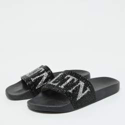 Valentino Black Leather VLTN Crystal Embellished Flat Slides Size 39