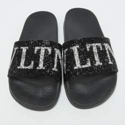 Valentino Black Leather VLTN Crystal Embellished Flat Slides Size 39