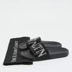 Valentino Black Leather VLTN Crystal Embellished Flat Slides Size 39