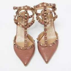 Pre Owned Valentino Dusty Rose Pink Leather Rockstud Ankle Strap Pumps Size 38.5