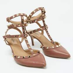 Pre Owned Valentino Dusty Rose Pink Leather Rockstud Ankle Strap Pumps Size 38.5