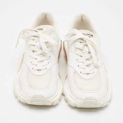 Pre Owned Valentino White Mesh and Leather Bounce Low-Top Sneakers Size 39.5