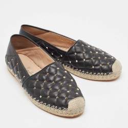 Pre Owned Valentino Black Leather Rockstud Espadrille Flats Size 39