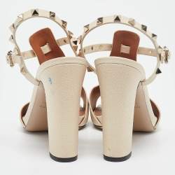 Valentino Cream Leather Rockstud Ankle Strap Sandals Size 40