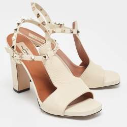 Valentino Cream Leather Rockstud Ankle Strap Sandals Size 40