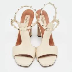 Valentino Cream Leather Rockstud Ankle Strap Sandals Size 40