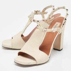 Valentino Cream Leather Rockstud Ankle Strap Sandals Size 40