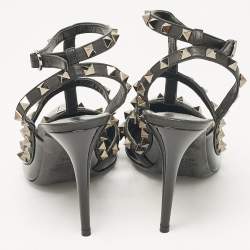 Pre Owned Valentino Black Patent Leather Rockstud Ankle Strap Pumps Size 38.5