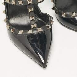 Pre Owned Valentino Black Patent Leather Rockstud Ankle Strap Pumps Size 38.5