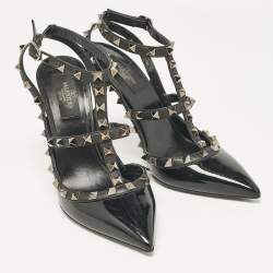 Pre Owned Valentino Black Patent Leather Rockstud Ankle Strap Pumps Size 38.5