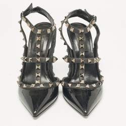 Pre Owned Valentino Black Patent Leather Rockstud Ankle Strap Pumps Size 38.5