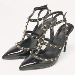 Pre Owned Valentino Black Patent Leather Rockstud Ankle Strap Pumps Size 38.5