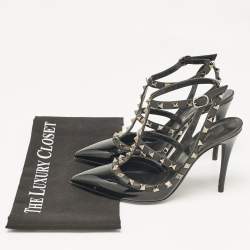 Pre Owned Valentino Black Patent Leather Rockstud Ankle Strap Pumps Size 38.5