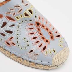 Pre Owned Valentino Light Blue Embroidered and Laser Cut Leather Espadrille Flats Size 38
