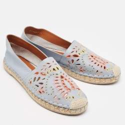 Pre Owned Valentino Light Blue Embroidered and Laser Cut Leather Espadrille Flats Size 38
