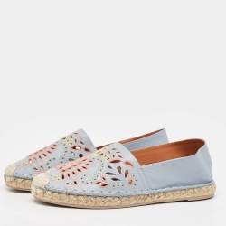 Pre Owned Valentino Light Blue Embroidered and Laser Cut Leather Espadrille Flats Size 38