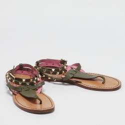 Valentino Army Green Leather Rockstud Ankle Wrap Flat Sandals Size 38.5