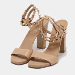 Valentino Beige Leather Rockstud Ankle Strap Sandals Size 40.5