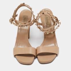 Valentino Beige Leather Rockstud Ankle Strap Sandals Size 40.5