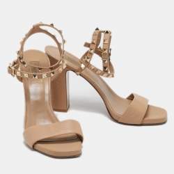 Valentino Beige Leather Rockstud Ankle Strap Sandals Size 40.5